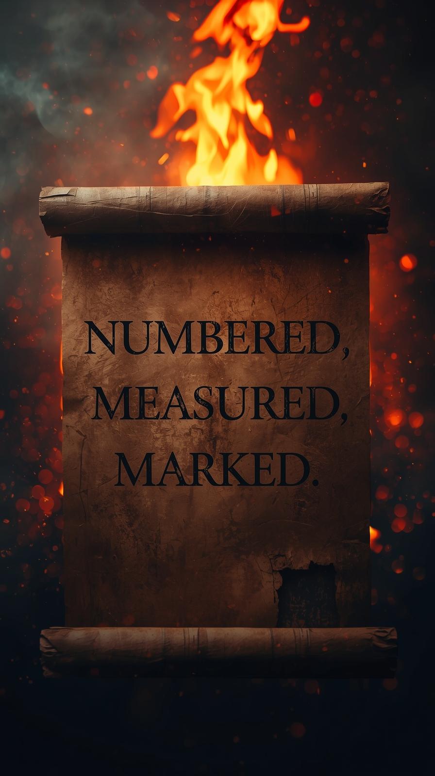 Picture of a scroll with the words _Numbered. Measured. Marked._ with a flame of fire in the background